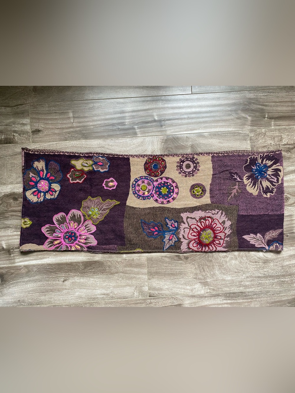 Embroidered Wool Infinity Scarf Plum, Pink & Cream